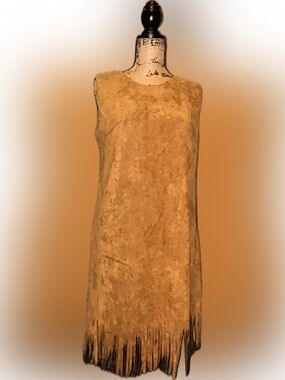 Aryeh NWOT Faux Suede Camel Brown Coastal Cowgirl Fringe Western Shift Dress S